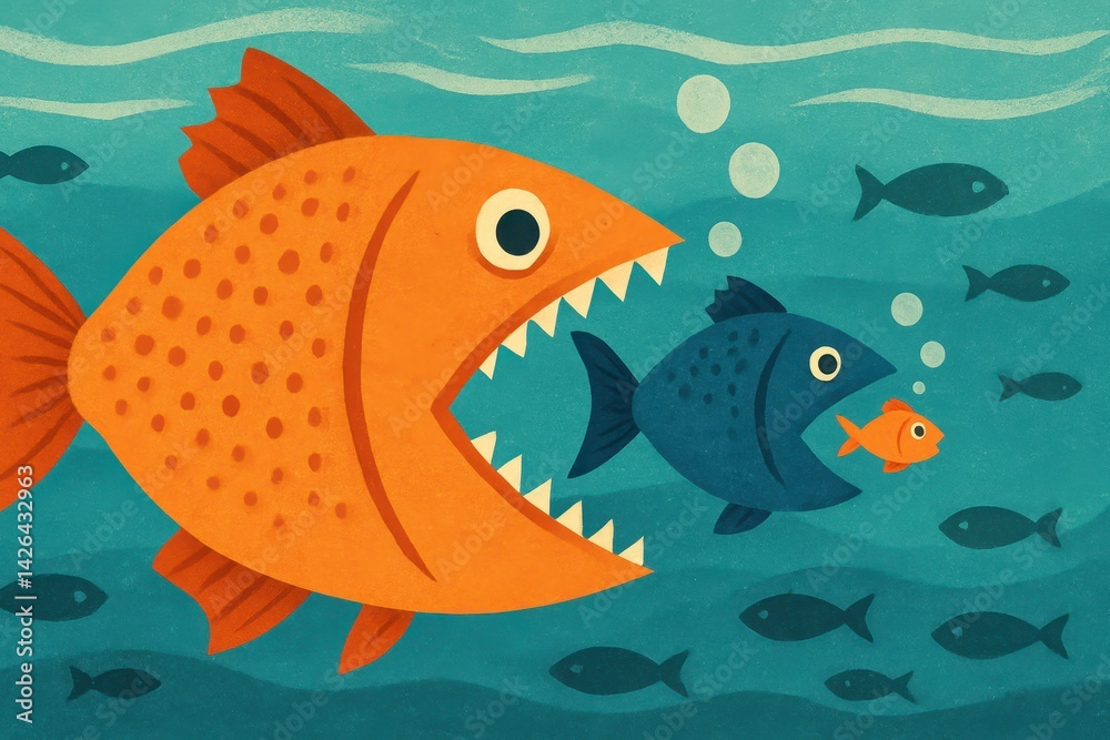 Fototapeta premium Big Fish Devours Little Fish in Underwater Illustration Scene