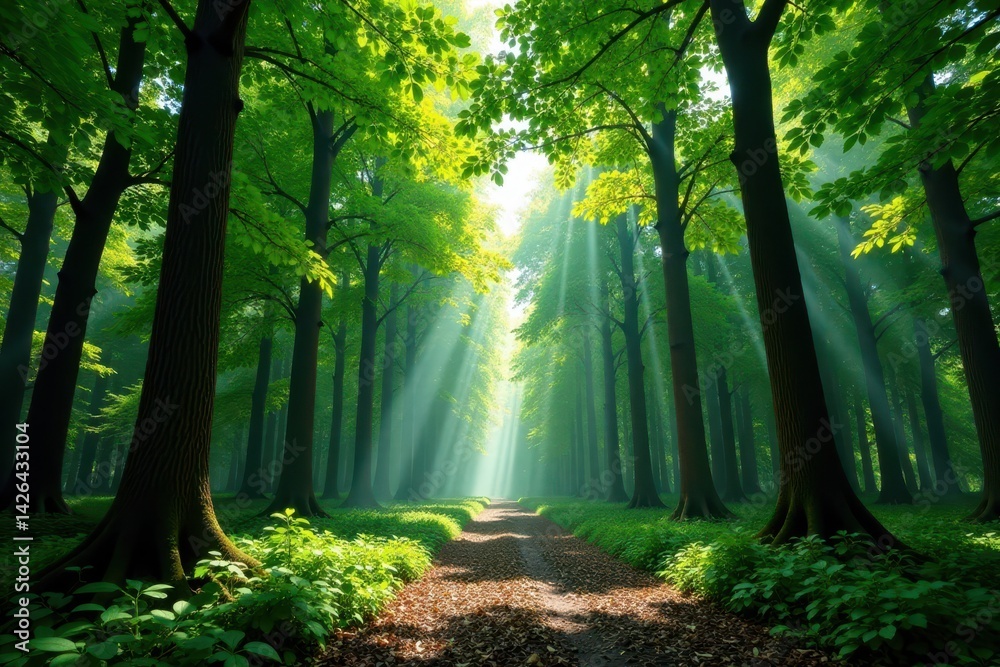 Obraz premium Dense forest canopy with trees at various stages of growth , trees, foliage
