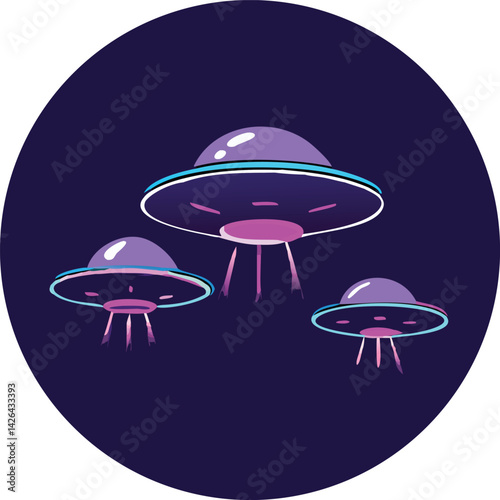 Three Neon UFOs Flying in Dark Night Sky Illustration