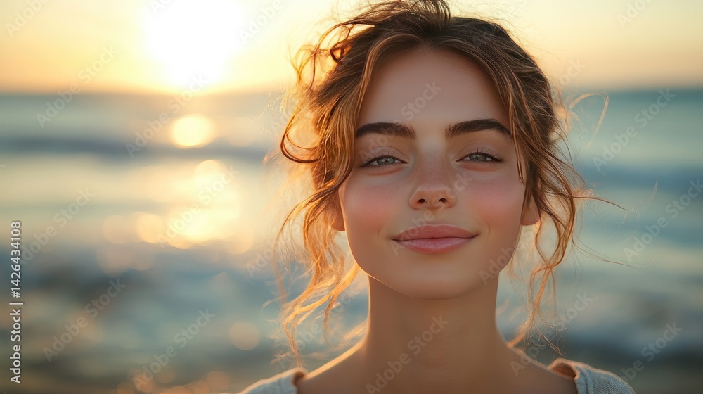 Serene woman in soft light, calm waves behind, embodying peace and tranquility. Serene woman in soft light, calm waves behind, embodying peace and tranquility.