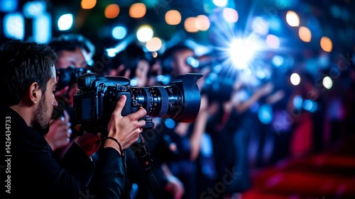 Paparazzi with professional cameras captures moment as bright flashes light up glamorous red carpet event. Intensity focus of paparazzi and sea of flashing lights, atmosphere of celebrity media frenzy