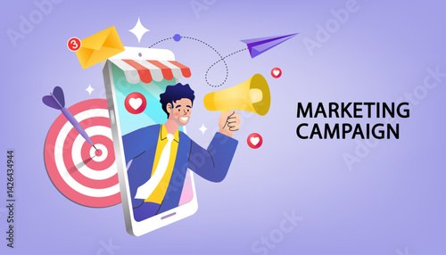 Megaphone notification. Advertising concept. Attention, important information. business promotion. call through the horn, online alerting. Refer a friend word. social media marketing. vector