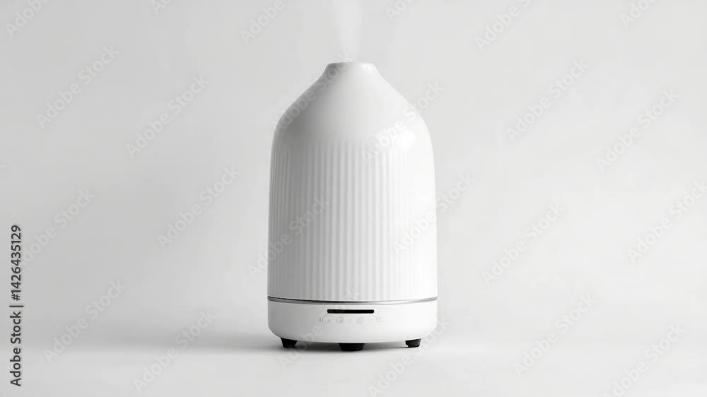 Elegant white diffuser releasing mist in a minimalist setting