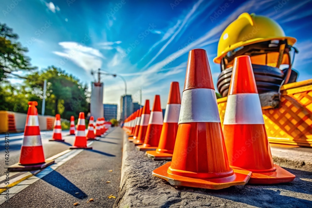 Construction Safety: Front View of Cones & Signs - High-Resolution Stock Photo Construction Safety: Front View of Cones & Signs - High-Resolution Stock Photo