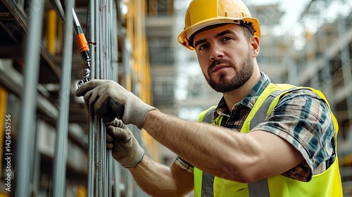 Construction worker secures metal scaffolding. photo