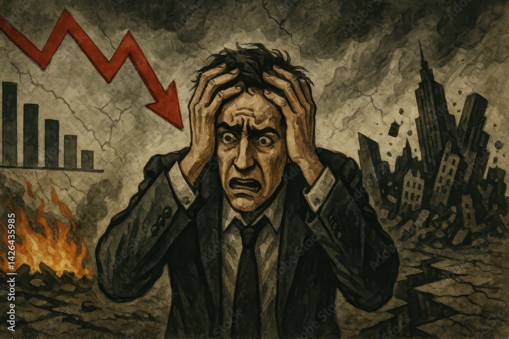Emotional Man in Crisis with Buildings Destroyed and Downward Trend