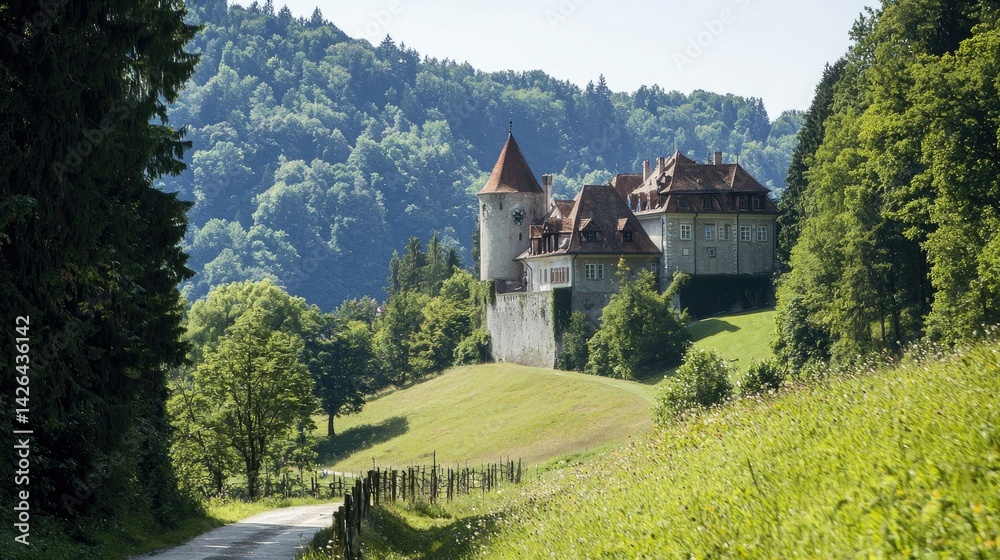 A historic summer scene featuring Liechtenstein Castle near Mdling, with lush greenery and medieval architecture under the sun. A historic summer scene featuring Liechtenstein Castle near Mdling, with lush greenery and medieval architecture under the sun.