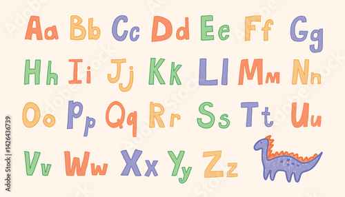Colorful Hand Drawn Latin Alphabet with Uppercase and Lowercase Letters in Crayon Style. Playful Kids Font with Dinosaur Character. Funny Childlike Sketchbook Typography. Vector Illustration Design.