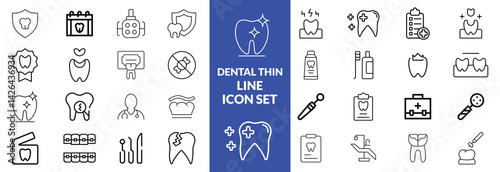 Dentistry icon collection. Related to tooth, dentist, toothpaste, toothbrush, teeth, implant and dentistry icons. Dental outline icon set. Medicine, pharmacy.  Editable stroke outline icon.