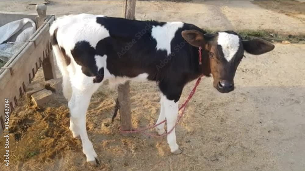 young Black and White Calf Standing Outdoors young Black and White Calf Standing Outdoors