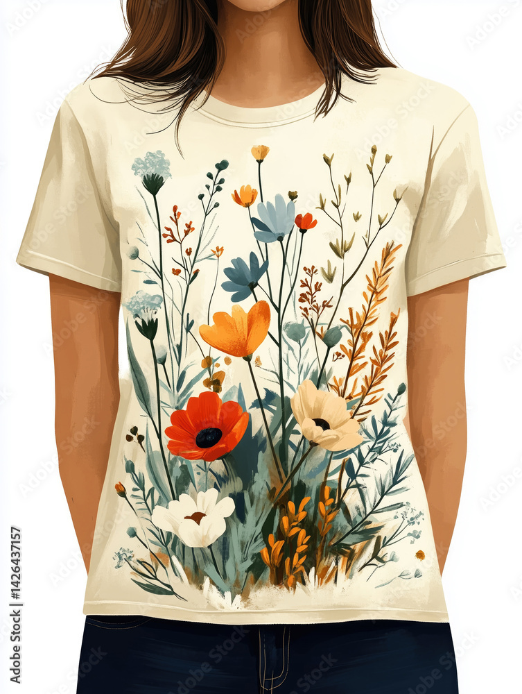 Colorful floral design on casual shirt worn by model