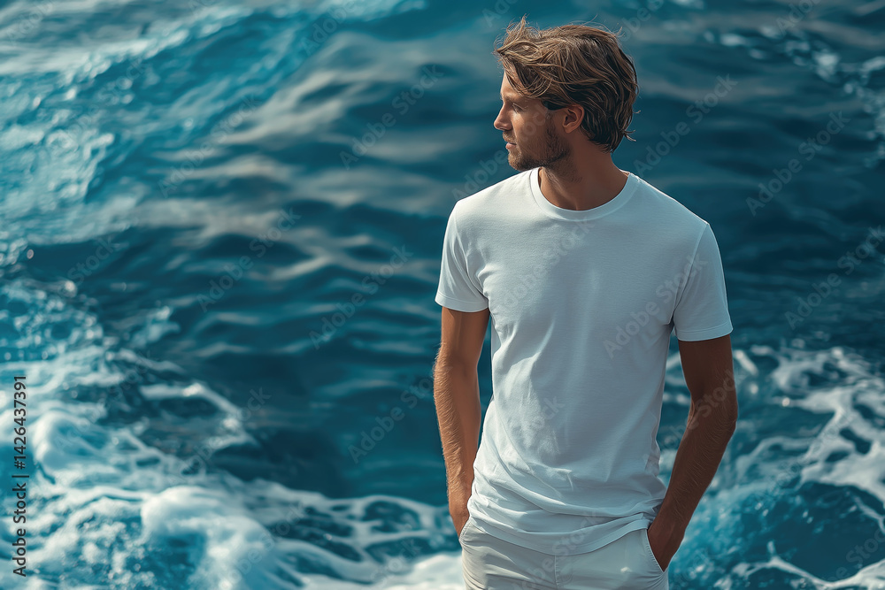 Young man in a white shirt standing by the ocean