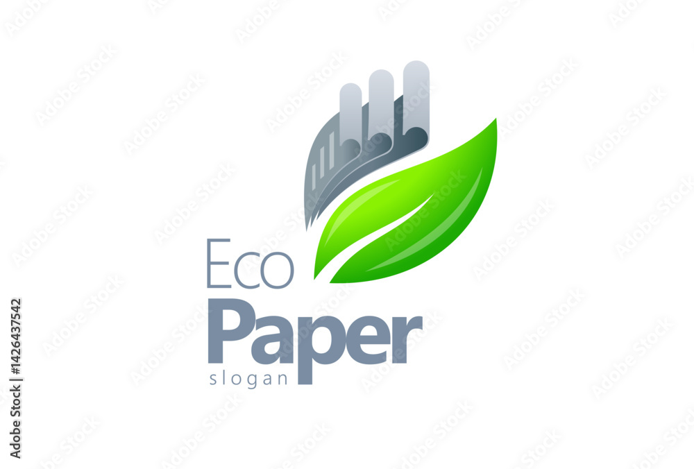 Fototapeta premium Eco Paper Logo. Ecology theme. Gray Papers and Green Leaf. Template design vector. White background