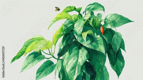 Vibrant green foliage with a small red fruit and a bee in flight against a light gray background.