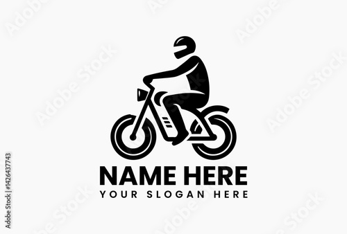 Minimalist black motorcycle sport rider logo vector, bold silhouette emblem with strong vintage speed concept
