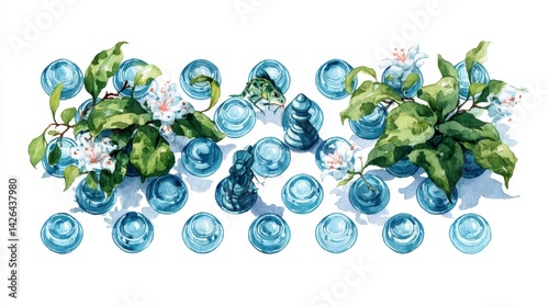 Watercolor painting of blue circles, green leaves, white flowers, and a frog.