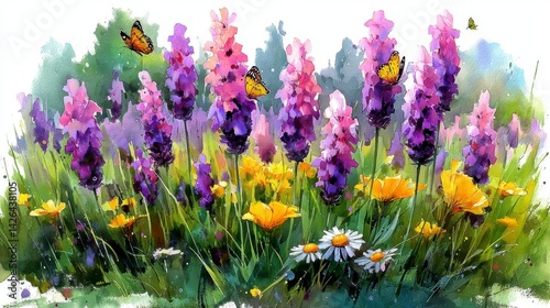 Vibrant watercolor painting of purple lavender flowers, yellow dandelions, and orange butterflies in a lush green field.