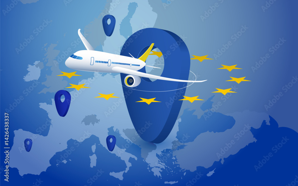 Naklejka premium Passenger plane fly around EU Europe map point geolocation, tracking to different countries. Concept tourism, flight delivery, civil aviation, travel in Europe