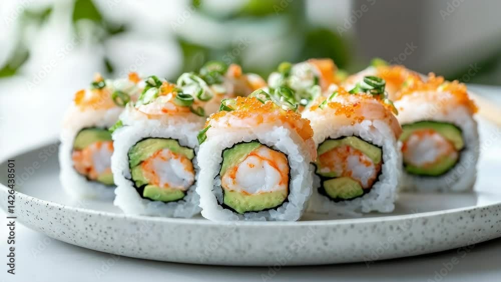 A close-up view of sushi rolls featuring shrimp, avocado, and colorful toppings on a speckled plate. A close-up view of sushi rolls featuring shrimp, avocado, and colorful toppings on a speckled plate.