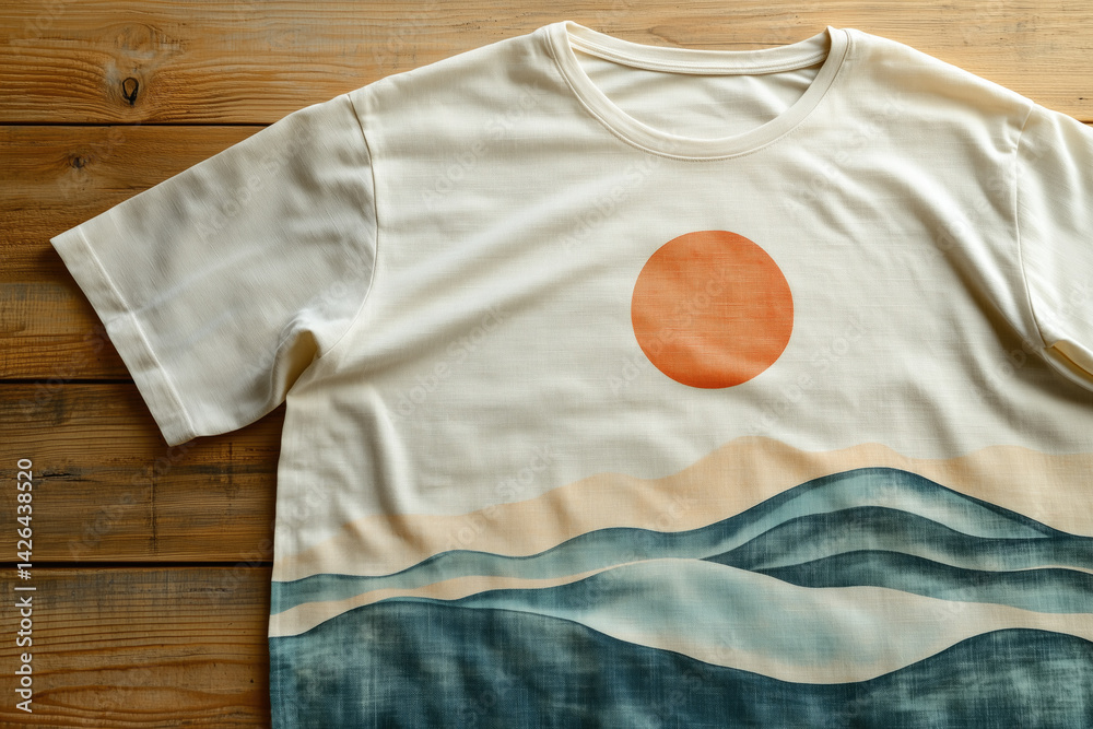 Stylish t-shirt with abstract sunset and wave design
