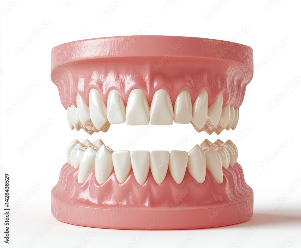 Obraz premium The concept of teeth whitening is visually represented through a 3D render of a jaw, with one half bearing yellow teeth and the other half bearing teeth that have been whitened