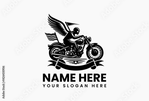 Vintage black motorcycle sport rider logo design, vector emblem with retro biker and fast road concept 