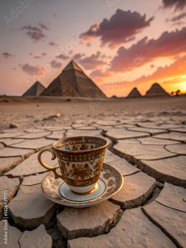 Ornate Teacup on Cracked Desert Earth at Sunset with Pyramids in Background
