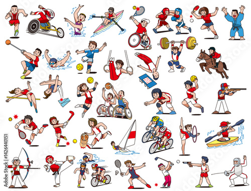 Cartoon Sports Illustration Set – Athletes Competing in Various Disciplines
