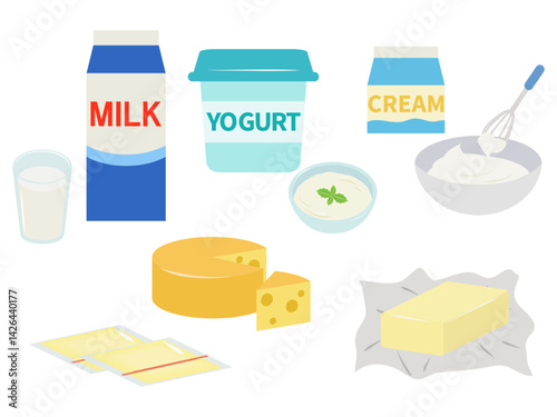 Dairy Product Illustration Set – Milk, Cheese, Yogurt, Cream, and Butter in Flat Design