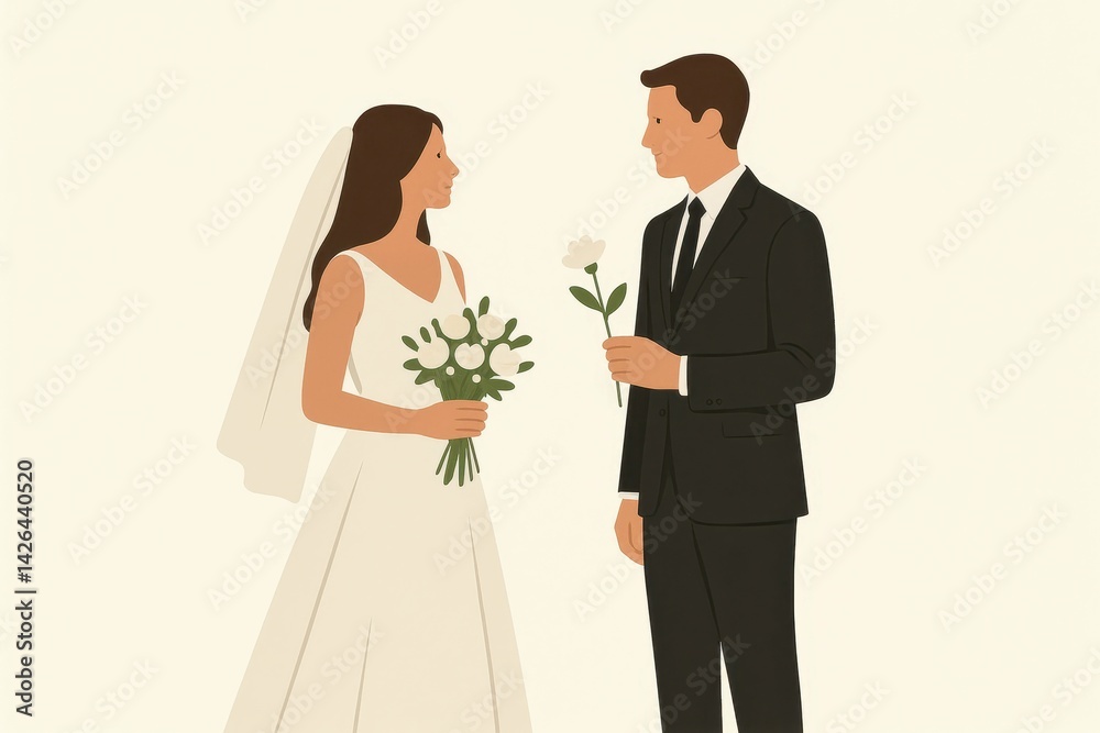 Minimalist Wedding Bliss: Couple Holding Flowers in Simple Style Minimalist Wedding Bliss: Couple Holding Flowers in Simple Style