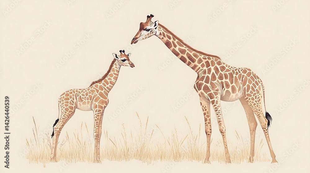 Fototapeta premium Giraffe calf with mother with savanna.