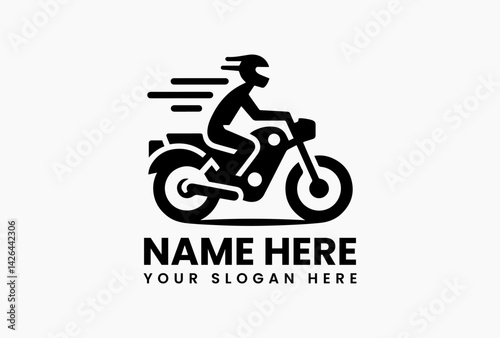 Classic black motorcycle rider emblem with vintage wings and skull, retro biker gang logo for motorcycle clubs