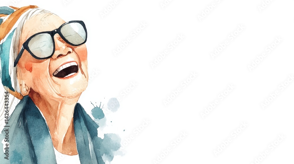 Joyful senior woman laughing, wearing sunglasses and a headscarf, watercolor painting style, white background.