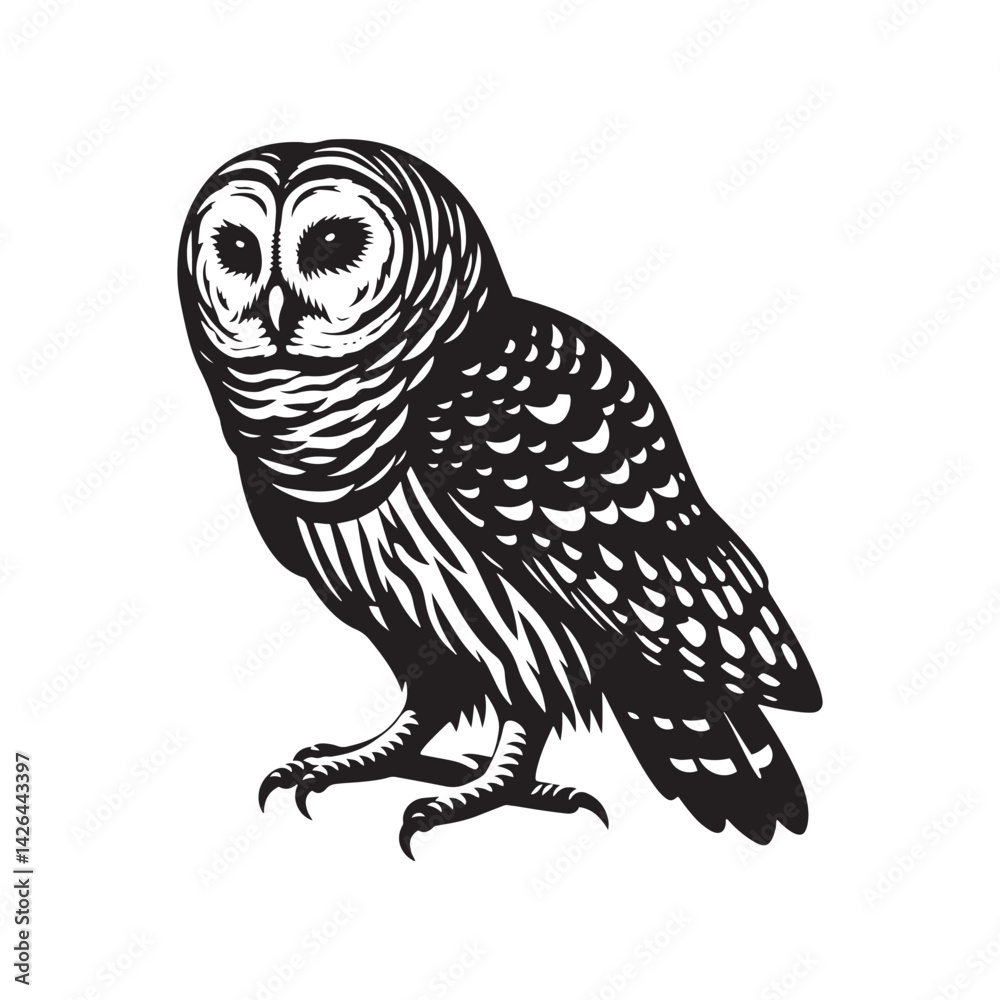 Obraz premium Barred owl Silhouette - Barred owl Vector - Minimalist Barred owl Illustration - Black and White Art.