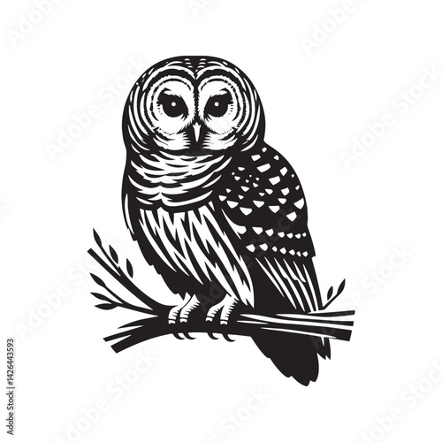 Barred owl Silhouette - Barred owl Vector - Minimalist Barred owl Illustration - Black and White Art.