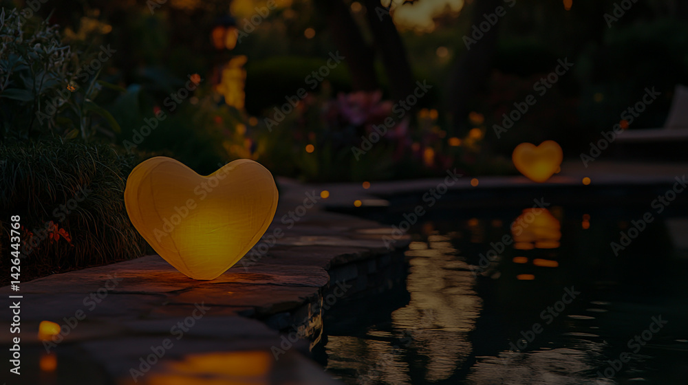 Fototapeta premium Radiant heart-shaped lanterns illuminating the tranquil outdoors at twilight, creating a serene and enchanting ambiance.