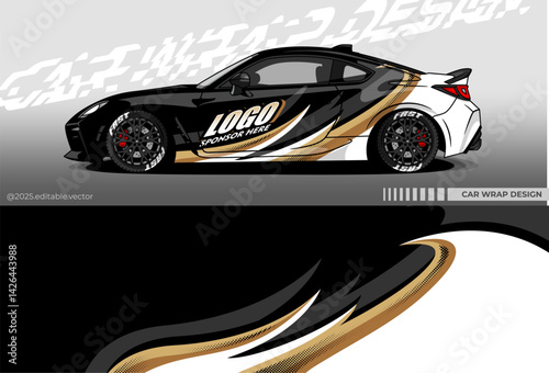 Car Wrap Design Vector with black, gold colour. Livery decal for racing, rally, drift, or daily use. Template sticker vinyl editable vector