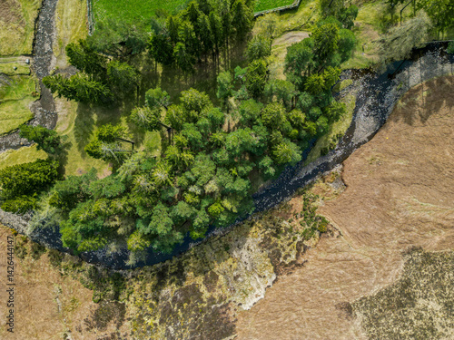 Abstract Aerial View of River Splitting Moorland and Forest – North Pennines, UK