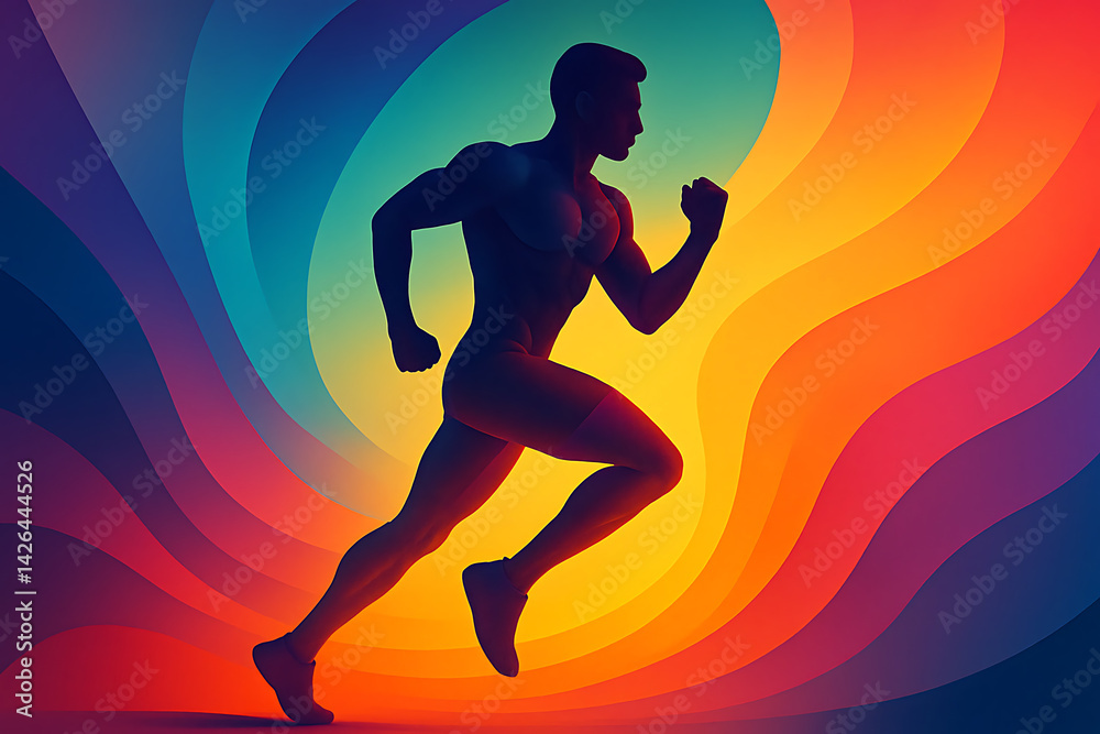 筋肉を躍動させるランナーと流れる抽象グラデーション背景 筋肉を躍動させるランナーと流れる抽象グラデーション背景