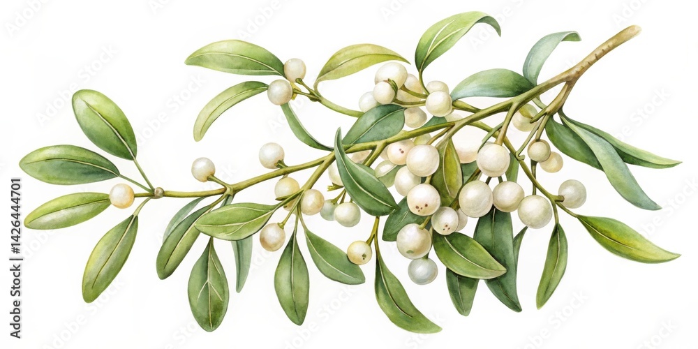 A Detailed Botanical Illustration of a Branch with Oval Leaves and Clusters of Pearl-White Berries A Detailed Botanical Illustration of a Branch with Oval Leaves and Clusters of Pearl-White Berries