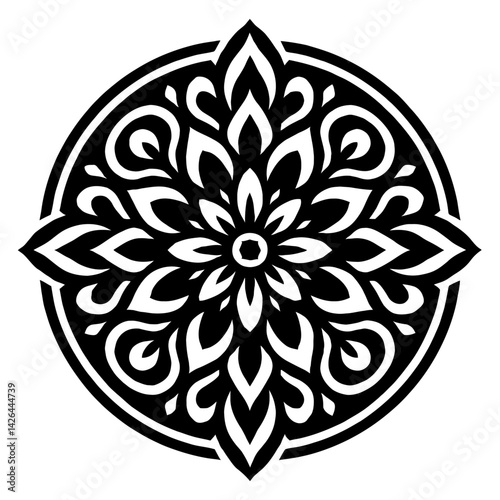 Vector illustration of an intricate mandala pattern in black and white. Represents spirituality, meditation, and art.