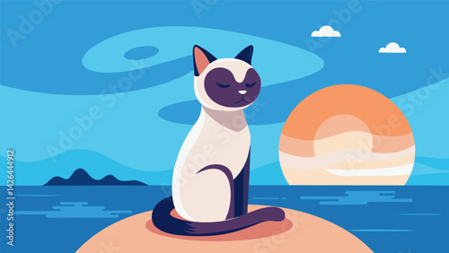 A beautiful Siamese cat groomes herself while an AIbased pet mood enhancer plays peaceful ocean sounds to match her zenlike aura.. Vector illustration