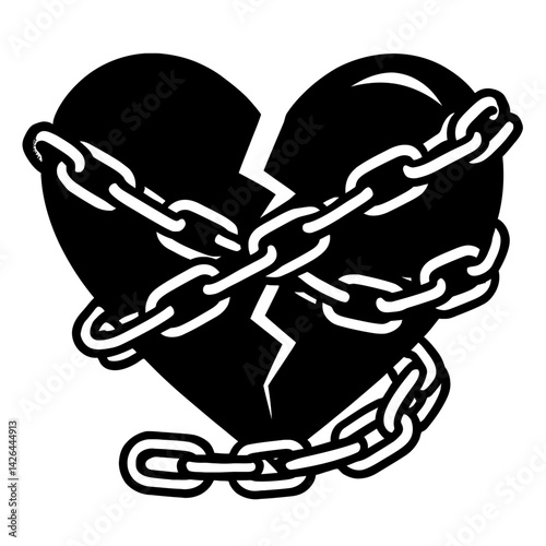 Vector illustration of a broken heart wrapped in heavy chains in black and white. Represents heartbreak, emotional pain, and being trapped.