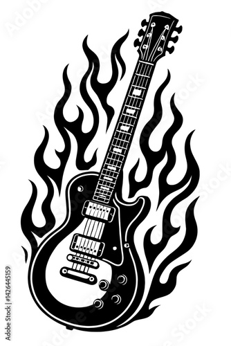 Vector illustration of an electric guitar surrounded by flames in black and white. Represents rock music, passion, and energy.