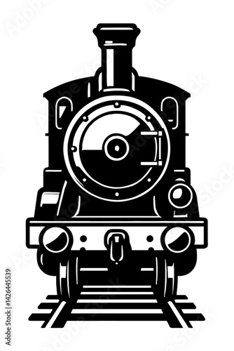 Vector illustration of a vintage steam train viewed from the front on railway tracks in black and white. Represents historical transportation, locomotives, and a classic graphic style.