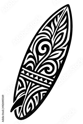 Vector illustration of a surfboard in black and white with intricate tribal or Polynesian-style patterns. Represents surfing, beach culture, and decorative graphic elements.