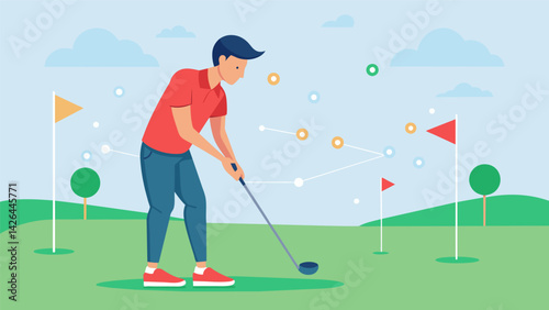 A young golfer using a shot analysis tool to track their accuracy and distance on different holes.. Vector illustration