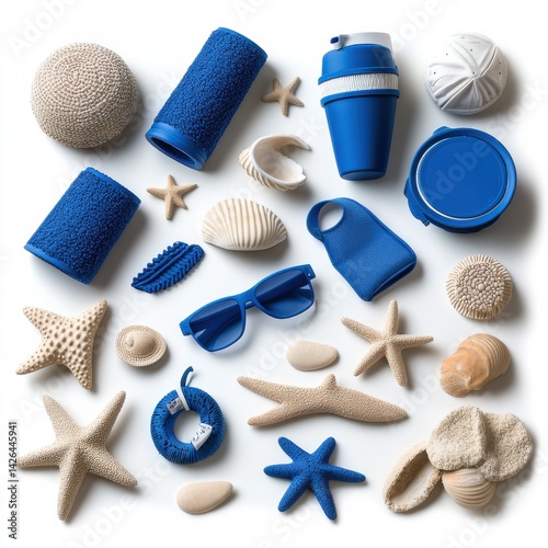A variety of blue and white objects, including a blue cup, a blue towel
