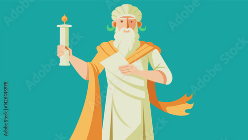 A regal ivory statue of a philosopher adorned with etchings of philosophical symbols and holding a scroll in his hand.. Vector illustration
