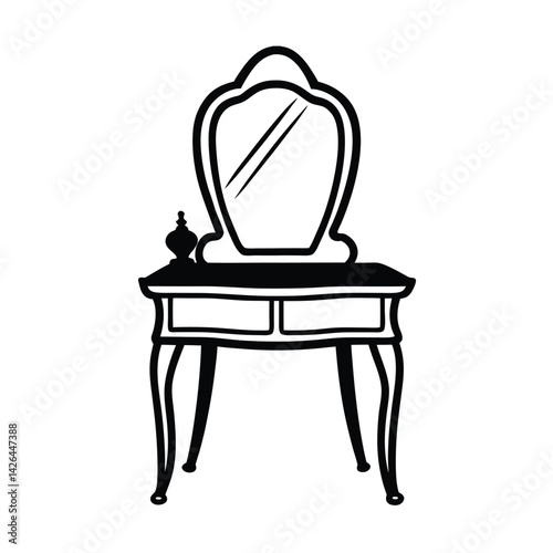 Black and white vanity table silhouette with mirror for beauty and fashion illustration
